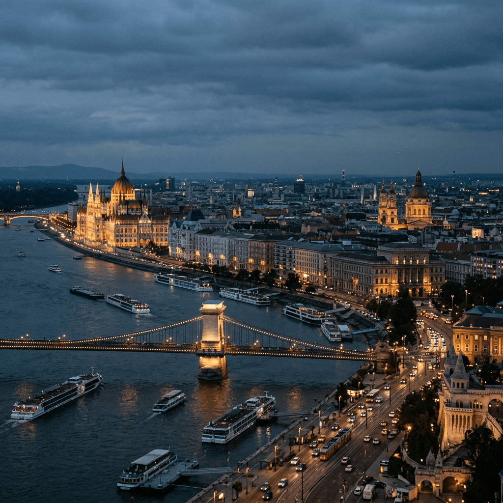 Chain Bridge and Hungarian Parliament along Danube River in Budapest at dusk with boats and city lights